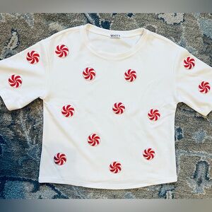 White Short Sleeve Top with Red and Metallic Silver Peppermint Design